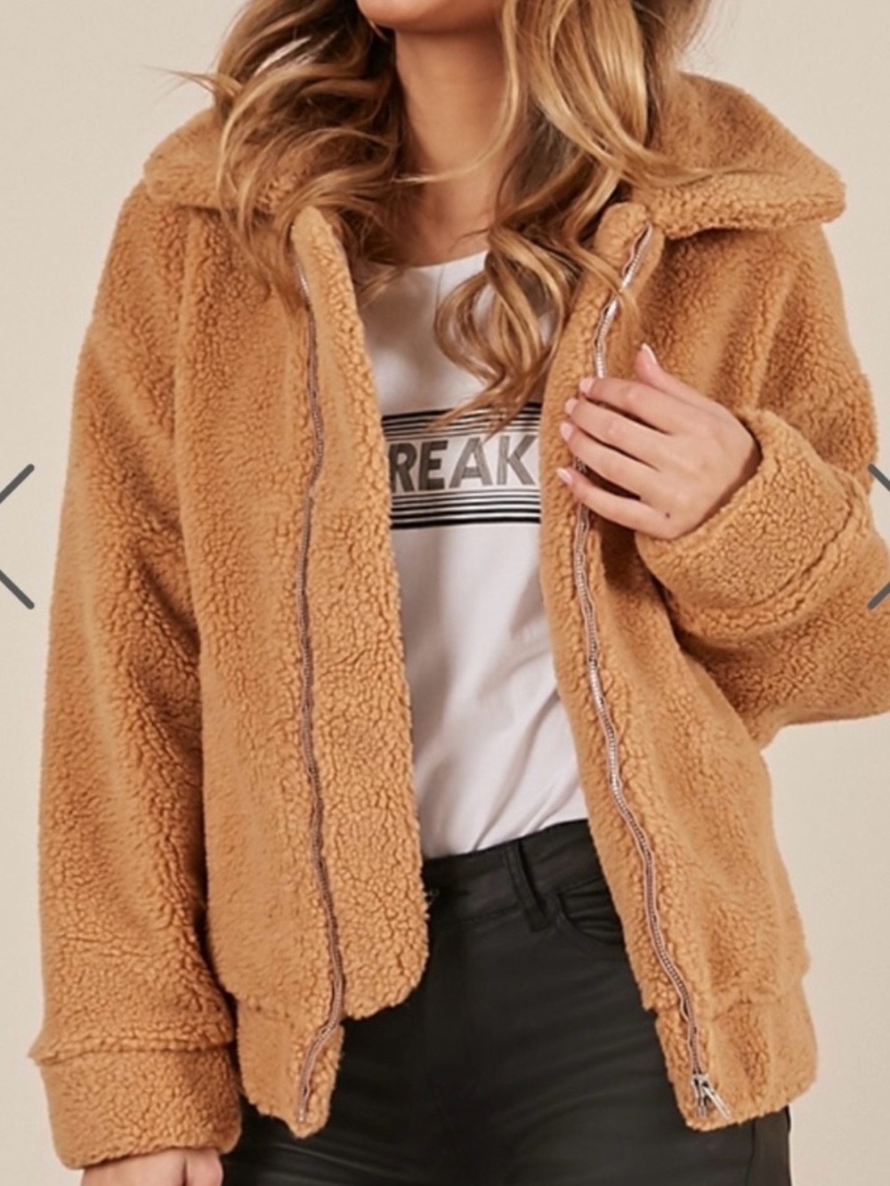 Showpo Australia Cozy Teddy Zip-Up Jacket - Camel Size 2